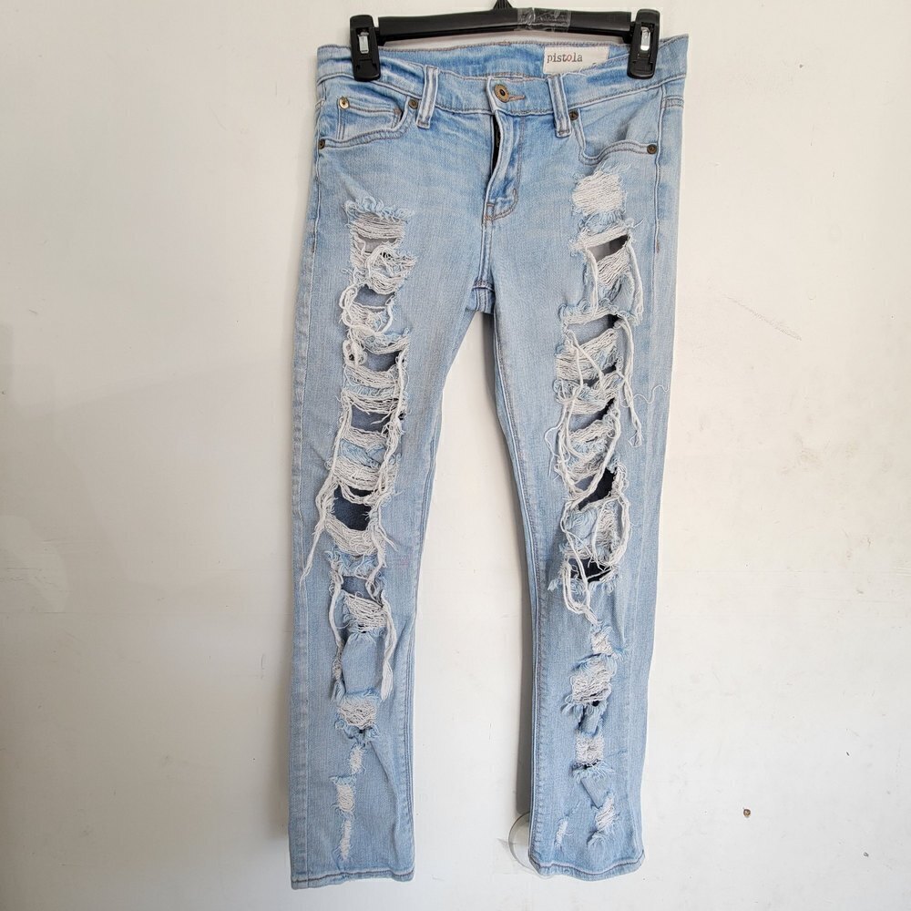 Pistola Revolve Blue Ripped Distressed Slim Fit Cotton Light Wash Denim Jeans 25